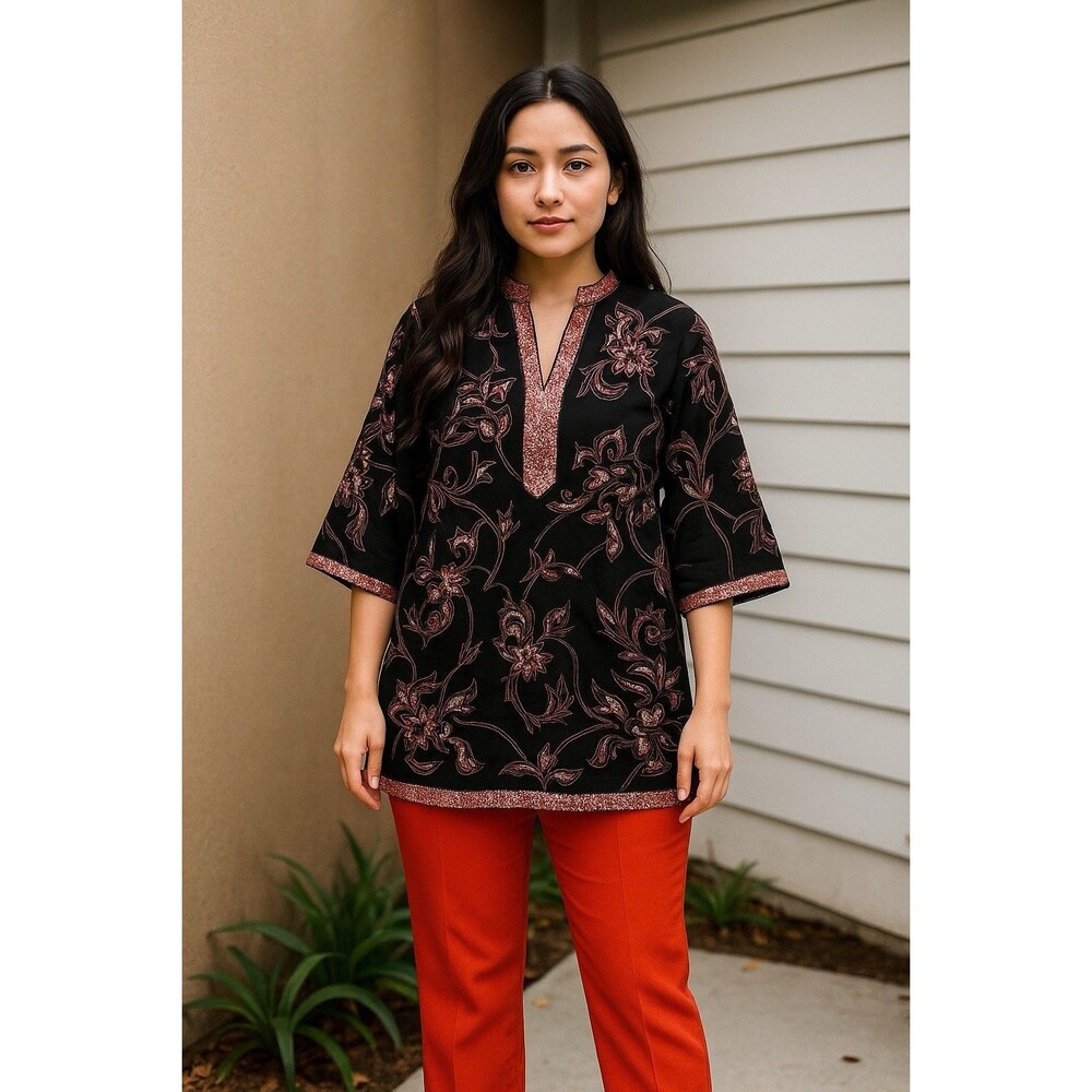 Indian Black Kurta Tunic With Modern Embroidery And Rose gold Sequence US Size M